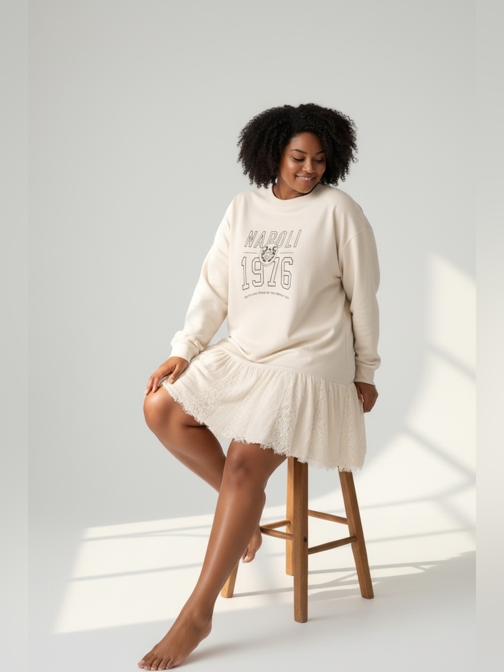 Anthropologie Cream Lace-Trim Long Sleeve Dress Sweatshirt
